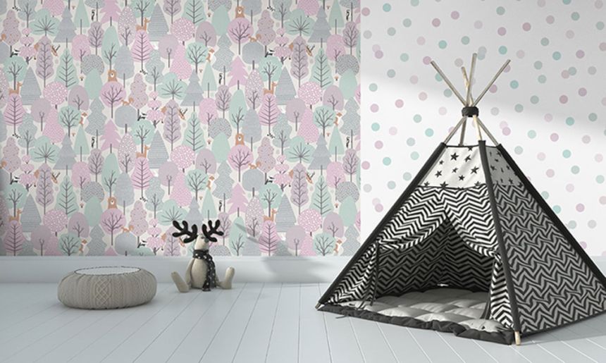 Non-woven white wallpaper with colored dots M51903, My Kingdom, Ugépa