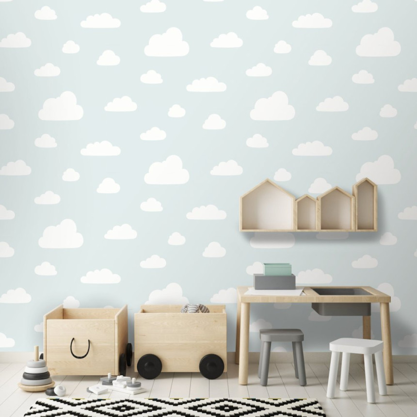 Non-woven children's turquoise wallpaper with clouds A61821, My Kingdom, Ugépa