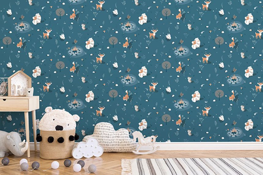 Non-woven children's blue wallpaper with animals L31311, My Kingdom, Ugépa
