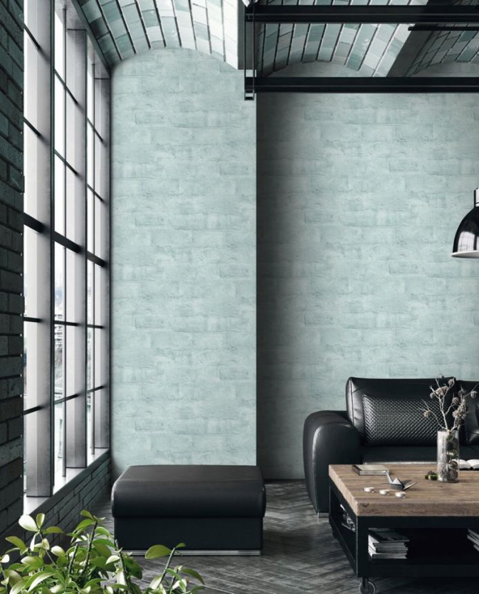 Non-woven washable turquoise brick wallpaper, brick wall M53004, Loft, Ugépa