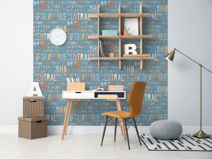 Non-woven turquoise washable wallpaper with texts - M50804, Loft, Ugépa