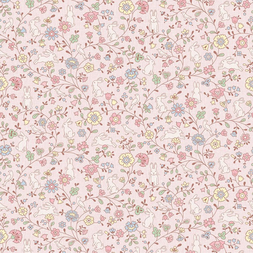 Pink non-woven children's wallpaper - flowers, bunnies JS3105, Jack´N Rose 2024 , Grandeco