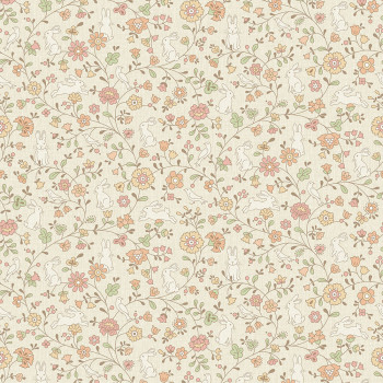 Beige non-woven children's wallpaper - flowers, bunnies JS3103, Jack´N Rose 2024 , Grandeco