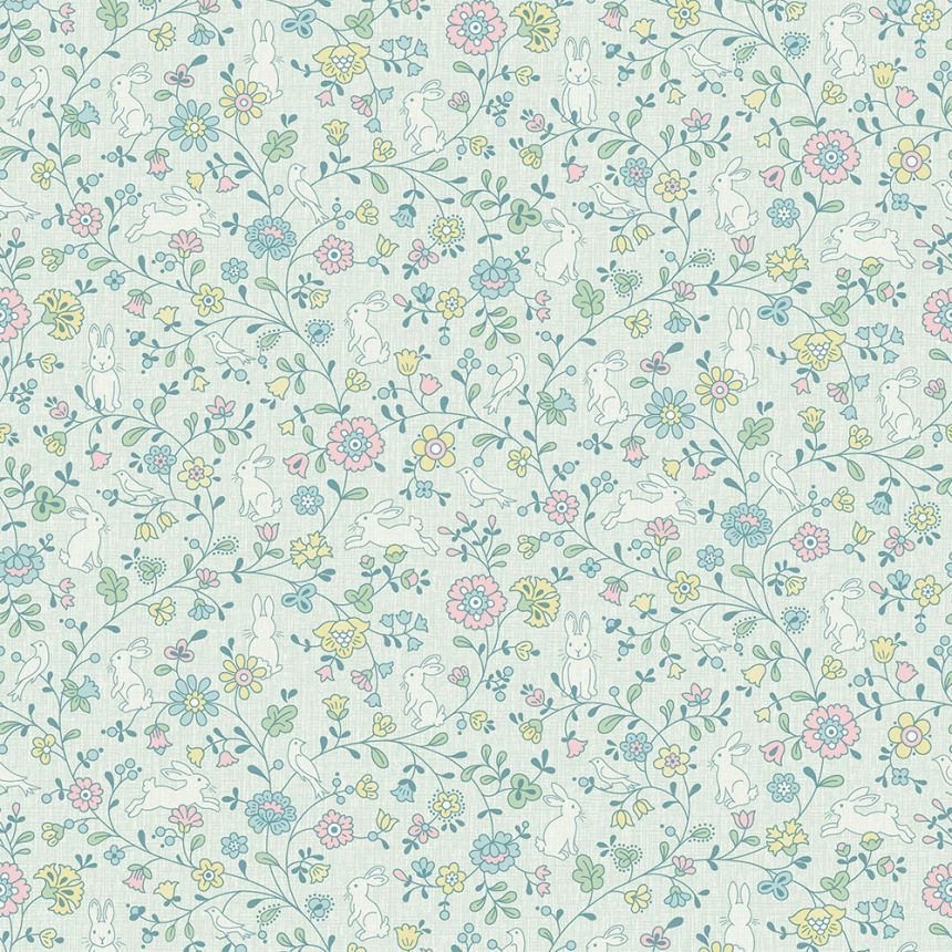 Green non-woven children's wallpaper - flowers, bunnies JS3102, Jack´N Rose 2024 , Grandeco