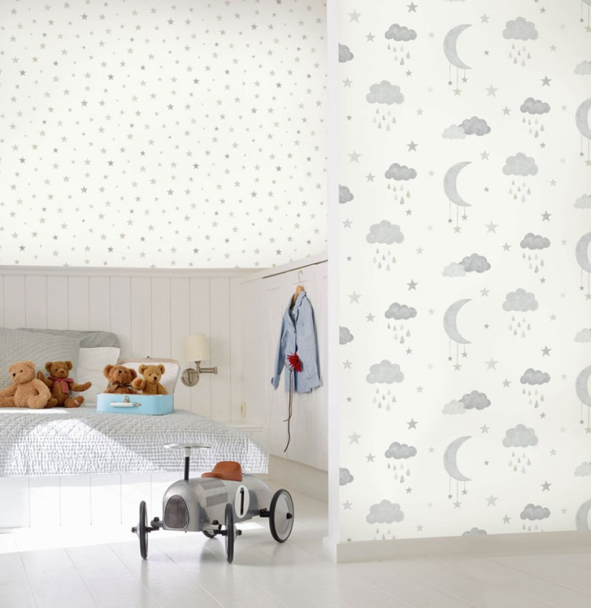 Gray-white children's wallpaper with stars and clouds JS2211, Jack´N Rose 2024 , Grandeco