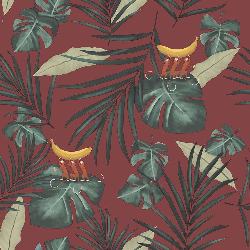 Red non-woven wallpaper, leaves, monkey 6502-4, Batabasta, ICH Wallcoverings