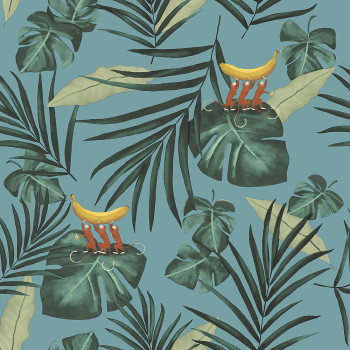 Turquoise non-woven wallpaper, leaves, monkeys 6502-1, Batabasta, ICH Wallcoverings