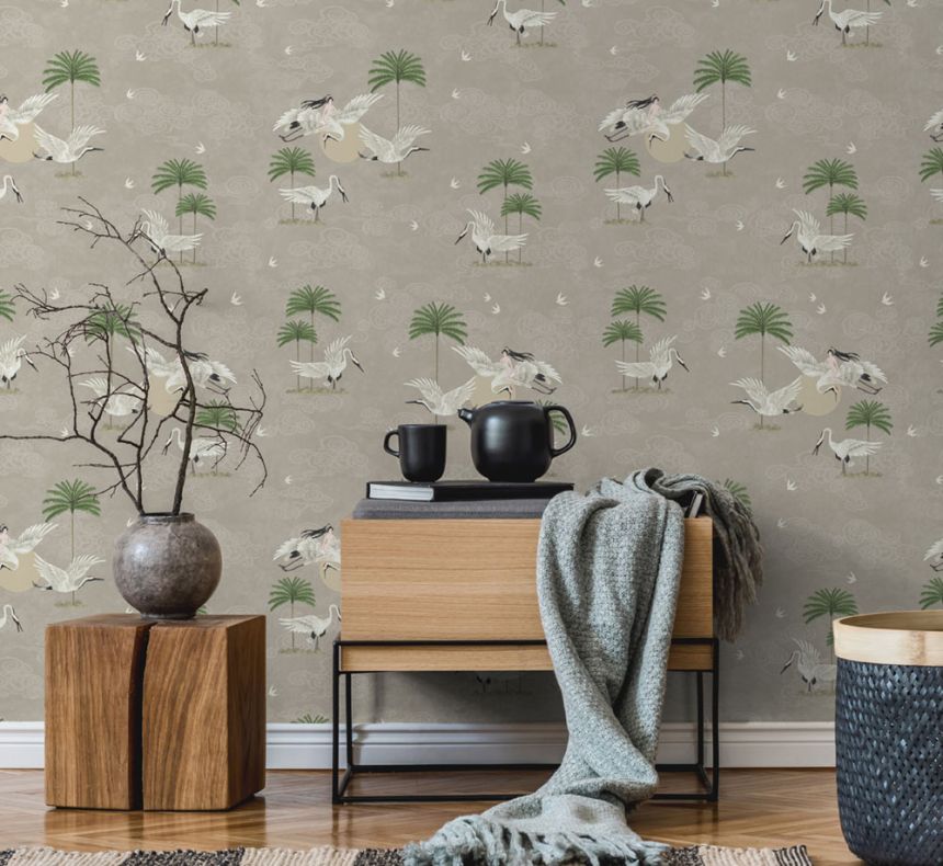 Ocher romantic non-woven wallpaper, birds, palm trees 6501-4, Batabasta, ICH Wallcoverings