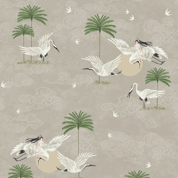 Beige romantic non-woven wallpaper, birds, palm trees 6501-2, Batabasta, ICH Wallcoverings