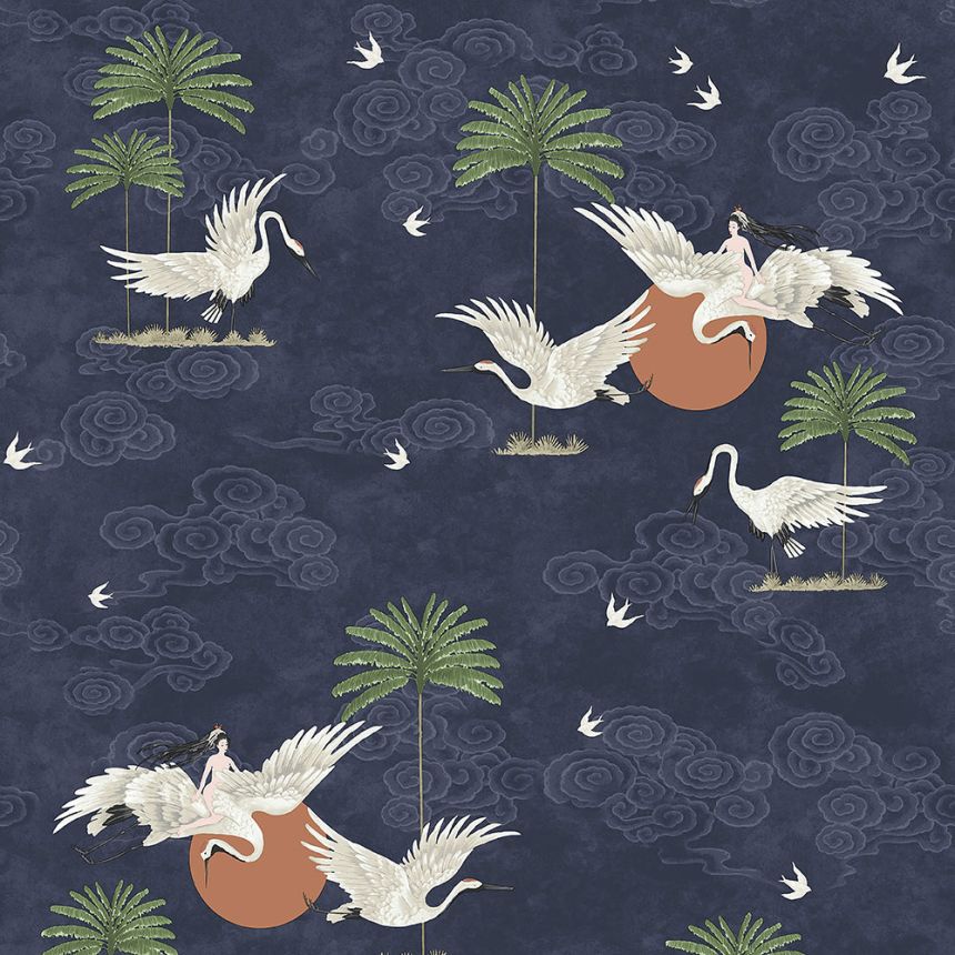 Blue romantic non-woven wallpaper, birds, palm trees 6501-1, Batabasta, ICH Wallcoverings