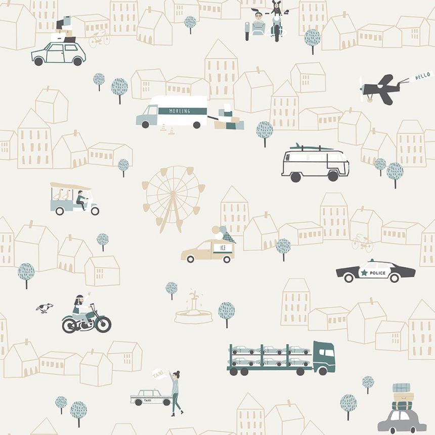 Cream children's wallpaper for boys, city, cars 7002-2, Noa, ICH Wallcoverings