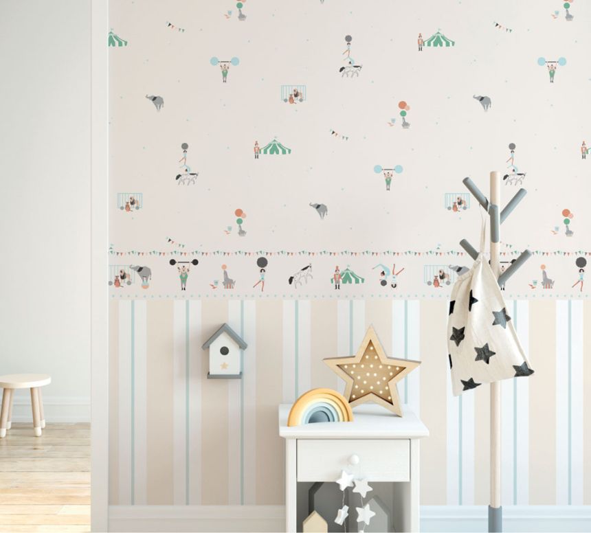 White children's wallpaper with animals, circus 7000-3, Noa, ICH Wallcoverings