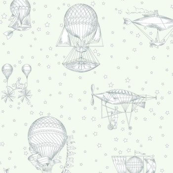 Green children's wallpaper - balloons and airships JR3001, Jack´N Rose 2024, Grandeco
