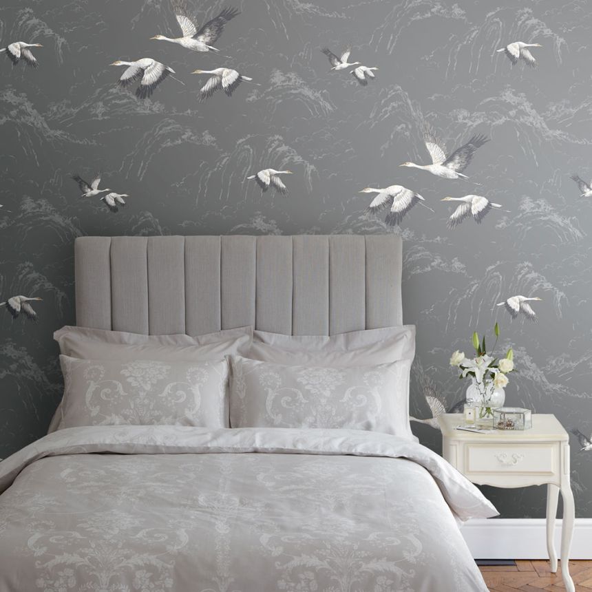 Gray non-woven wallpaper with storks 113393, Laura Ashley, Graham & Brown