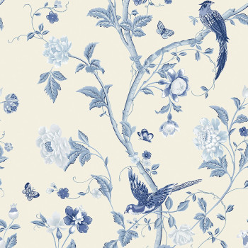 Non-woven wallpaper with blue flowers and birds 113390, Laura Ashley, Graham & Brown