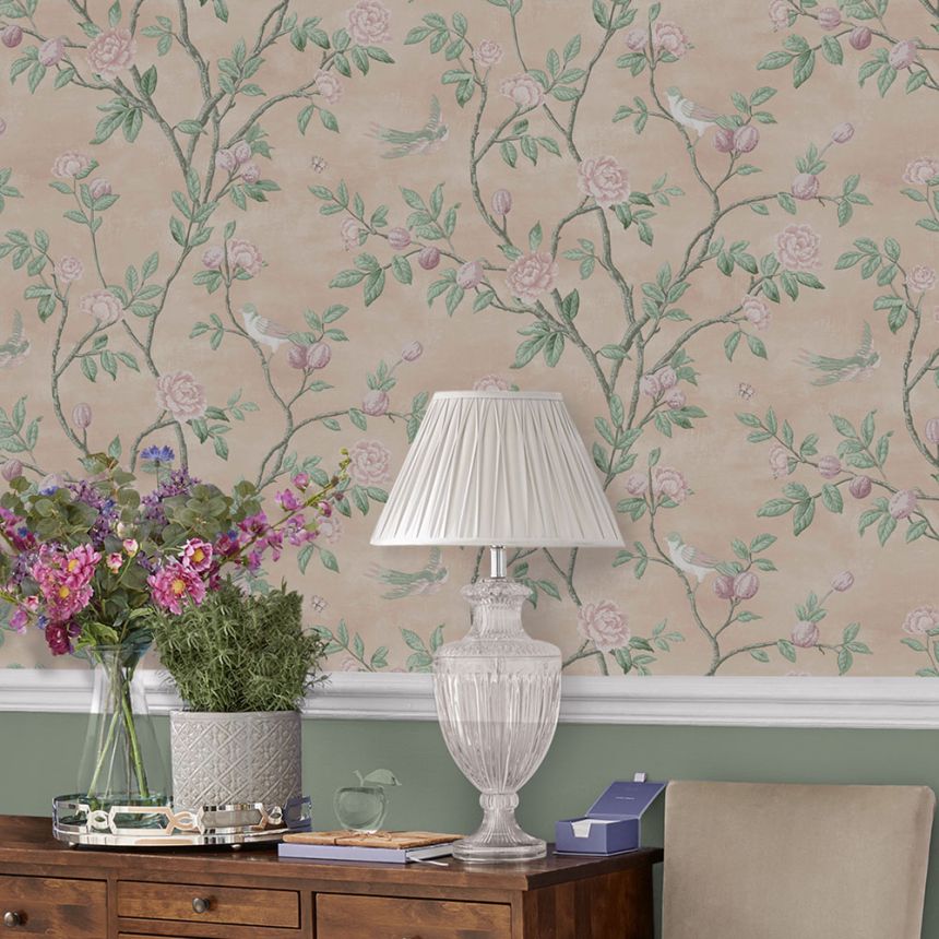 Non-woven wallpaper with flowers and birds 1133972, Laura Ashley, Graham & Brown