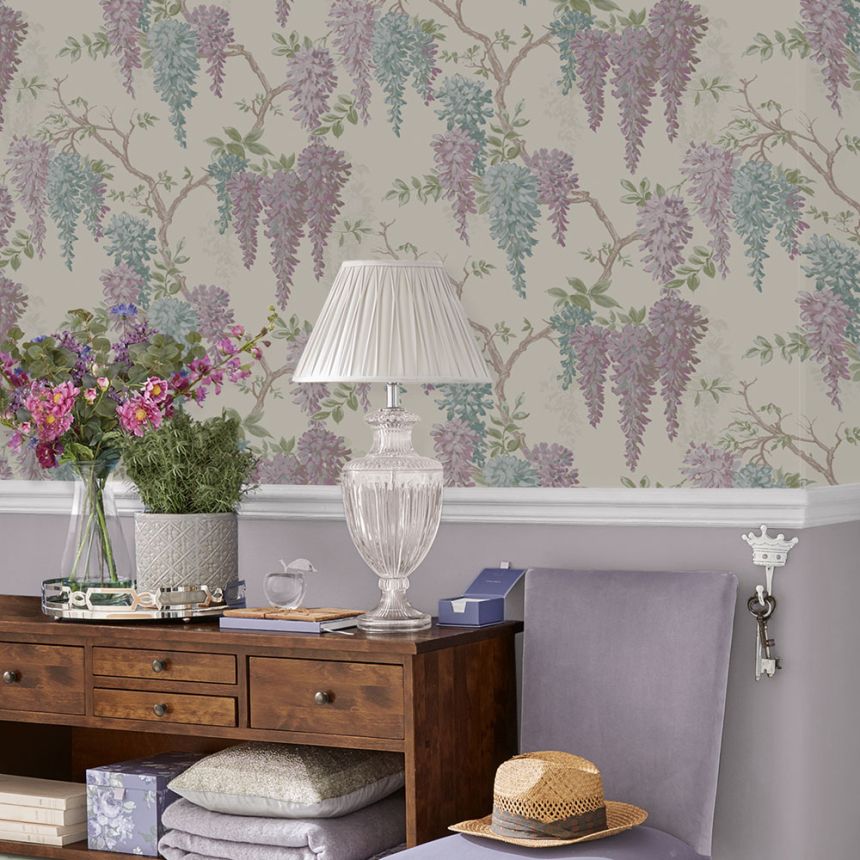 Non-woven wallpaper with wisteria flowers 113357, Laura Ashley, Graham & Brown