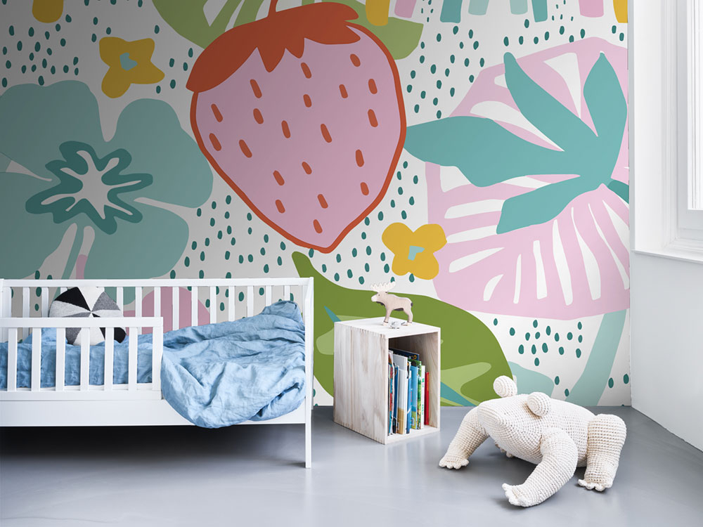 Children's wall mural with leaves, flowers, strawberries 300442, 250 x 280 cm, Doodleedo, BN Walls