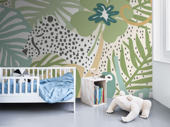Luxury children's wall mural with leaves, parrots, monkeys 300440DG, 250 x 280 cm, Doodleedo, BN Walls