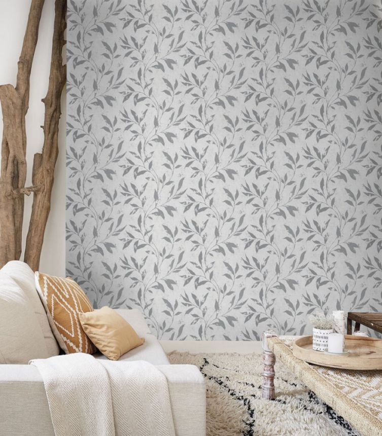 White-grey non-woven wallpaper with flowers A48301, Vavex 2024