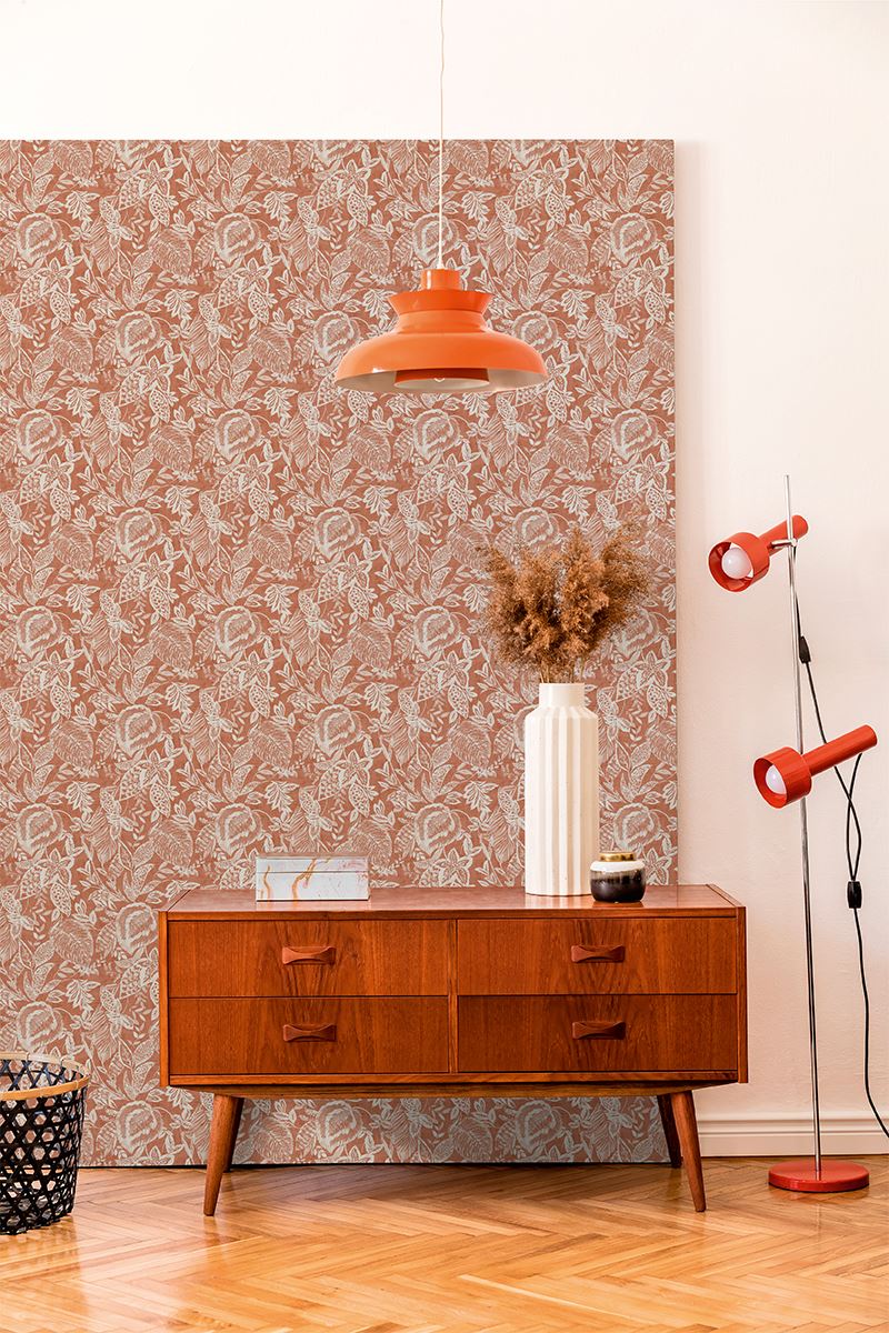 Brick-red non-woven wallpaper with leaves 171804, Vavex 2024