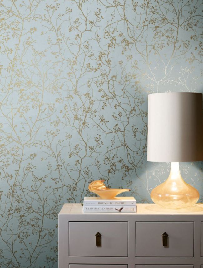 Blue non-woven wallpaper with golden twigs DD3813, Dazzling Dimensions 2, York