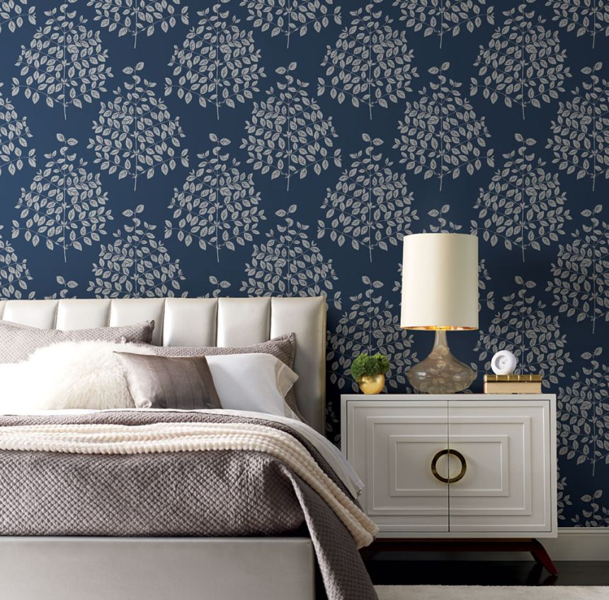 Dark blue non-woven wallpaper, silver twigs, leaves OS4257, Modern nature II, York