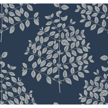 Dark blue non-woven wallpaper, silver twigs, leaves OS4257, Modern nature II, York