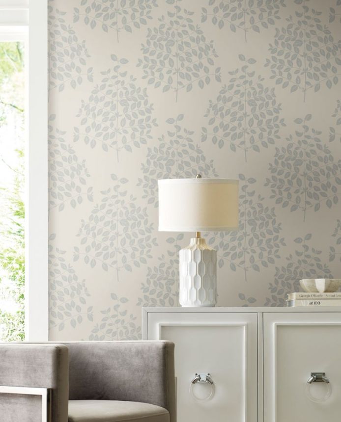 Cream non-woven wallpaper, silver twigs, leaves OS4251, Modern nature II, York