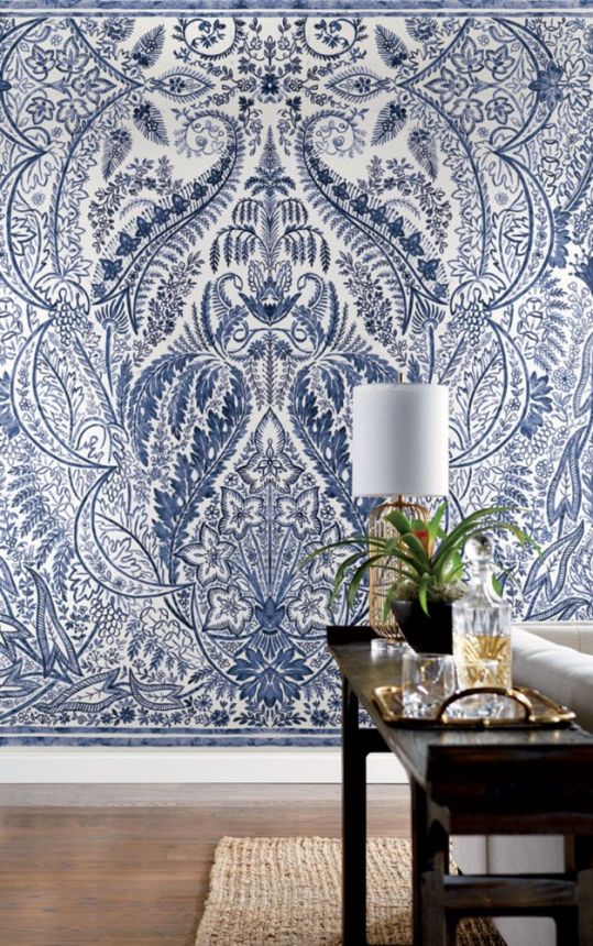 Blue and white pre-pasted wall mural, damask pattern DM4912M, 3,41 x 2,74m, Damask, York