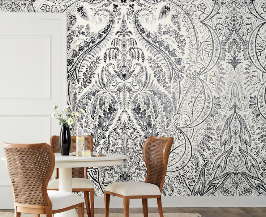 Black and white pre-pasted wall mural, damask pattern DM4911M, 3,41 x 2,74m, Damask, York