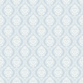 Light blue pre-pasted wallpaper, white damask pattern DM5026, Damask, York