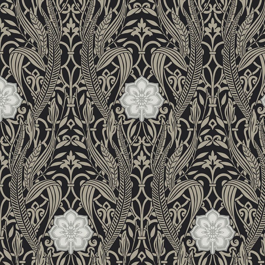 Black pre-pasted wallpaper - leaves, flowers DM4995, Damask, York