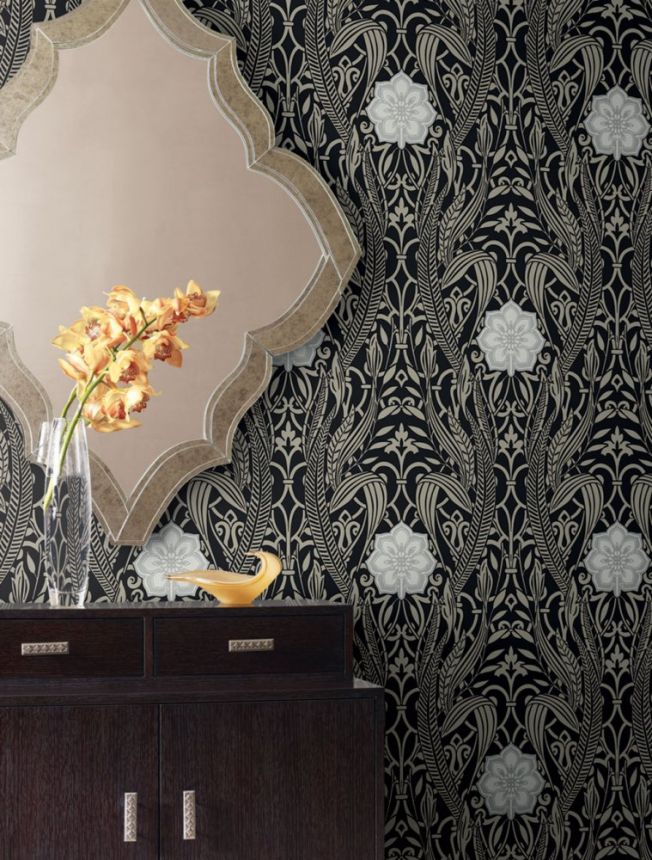 Black pre-pasted wallpaper - leaves, flowers DM4995, Damask, York