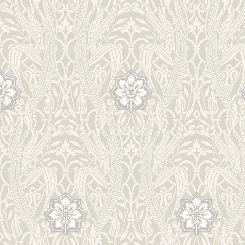 Grey pre-pasted wallpaper - leaves, flowers DM4992, Damask, York