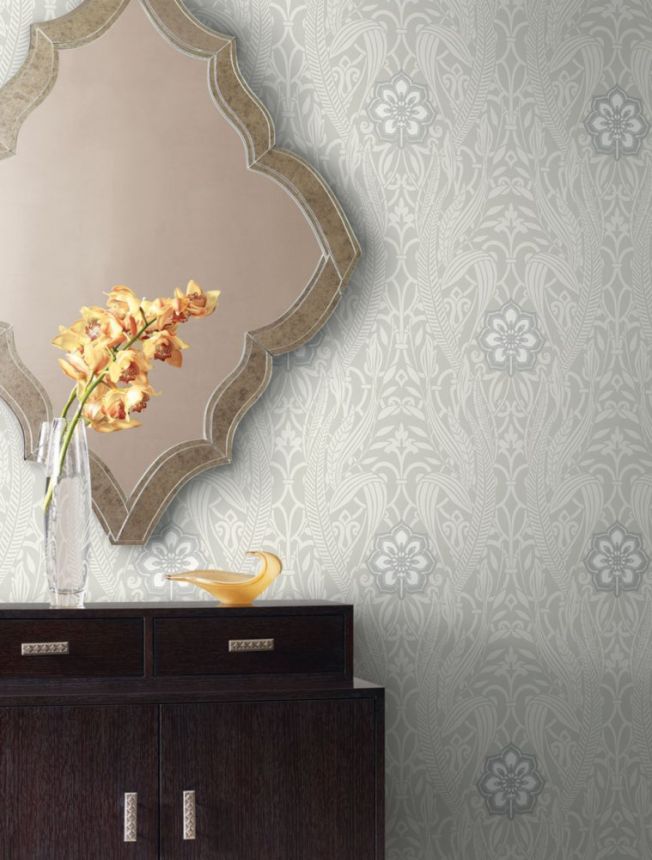 Grey pre-pasted wallpaper - leaves, flowers DM4992, Damask, York