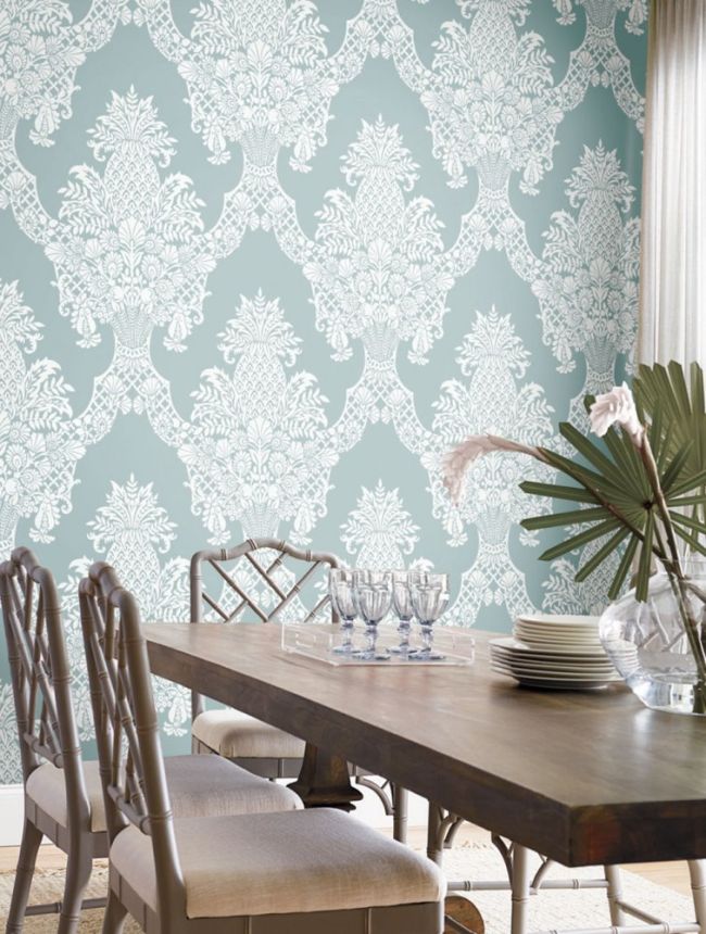 Turquoise pre-pasted wallpaper, ornaments DM4973, Damask, York