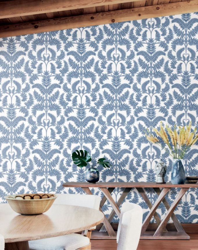 White pre-pasted wallpaper with blue leaves DM4962, Damask, York