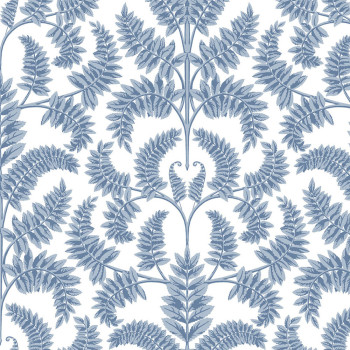 White pre-pasted wallpaper with blue leaves DM4962, Damask, York