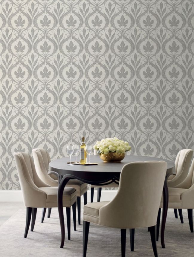 Grey-white pre-pasted wallpaper, leaves, ornaments DM4925, Damask, York