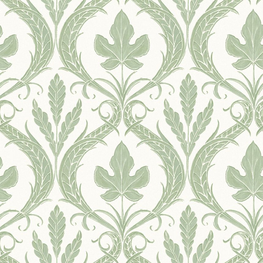 Green-white pre-pasted wallpaper, leaves, ornaments DM4921, Damask, York