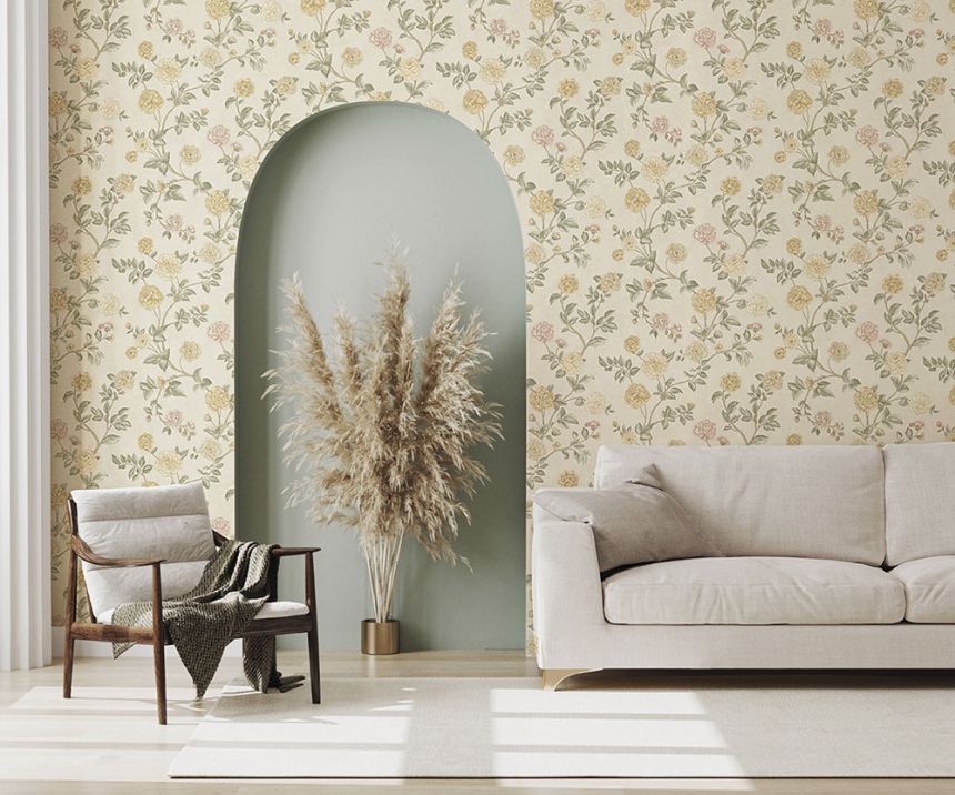 Beige non-woven floral wallpaper, Z66803, Satin Flowers, Zambaiti Parati