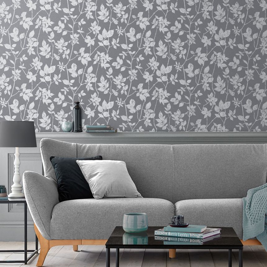 Grey-silver wallpaper with twigs, leaves 113947, Reclaim, Graham&Brown
