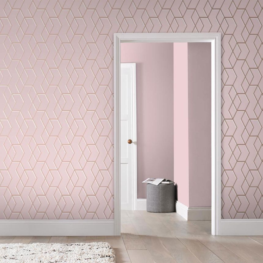 Pink wallpaper, golden geometric pattern 105910, Formation, Graham & Brown