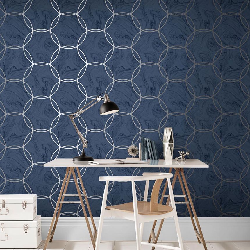 Geometric non-woven wallpaper blue marble 105757, Formation, Graham & Brown