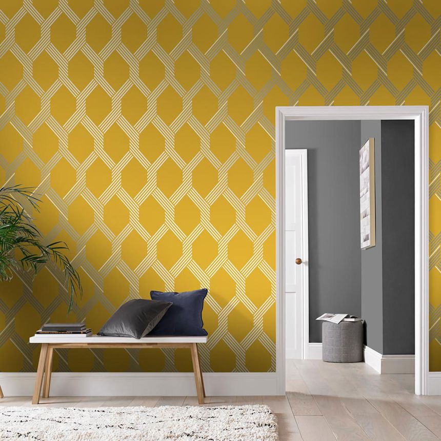 Yellow-silver geometric pattern wallpaper 105468, Formation, Graham & Brown