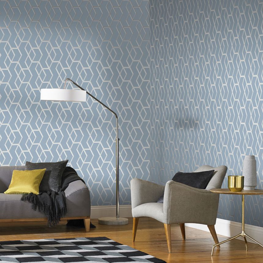 Blue wallpaper, silver geometric pattern 104733, Formation, Graham & Brown