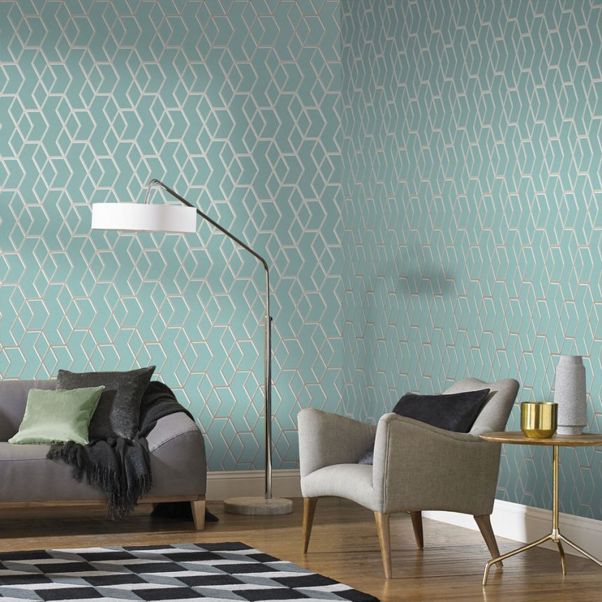 Green/mint wallpaper with gold geometric pattern 104732, Formation, Graham & Brown