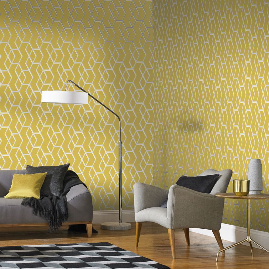 Yellow wallpaper, metallic geometric pattern  104731, Formation, Graham & Brown